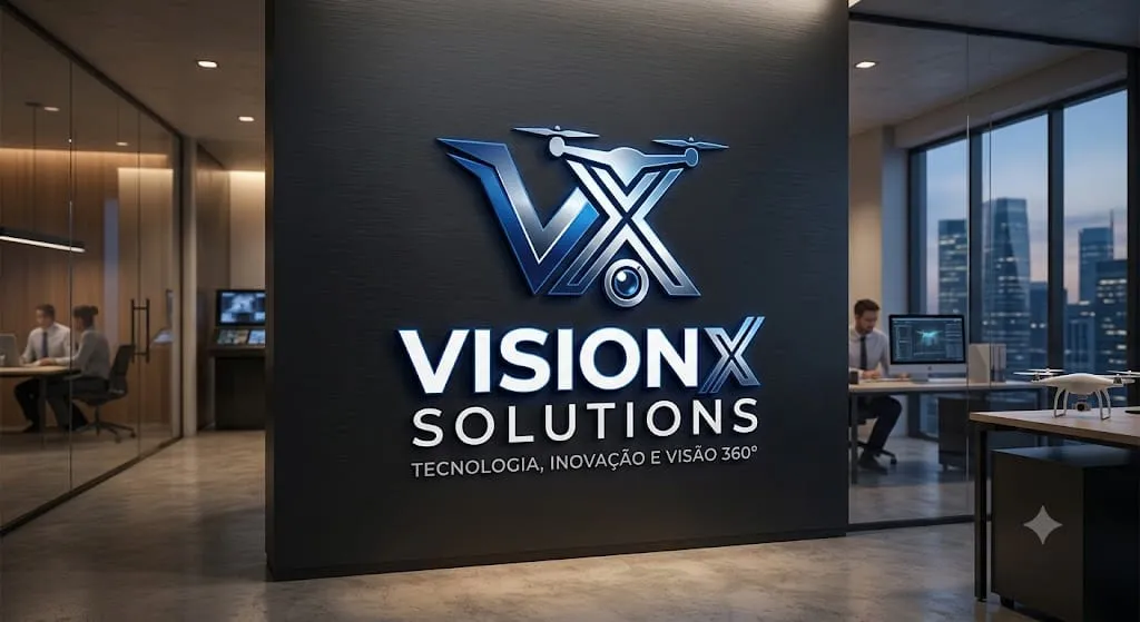 Logotipo da VisionX Solutions aplicado em parede de ambiente corporativo