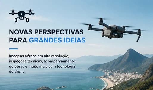 Banner de serviços com drones: drone sobrevoando o litoral do Rio de Janeiro para imagens aéreas e inspeções técnicas