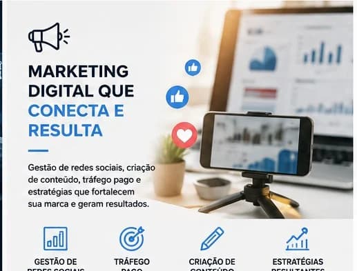 Banner de marketing digital: gestão de redes sociais, tráfego pago, criação de conteúdo e estratégias de resultado