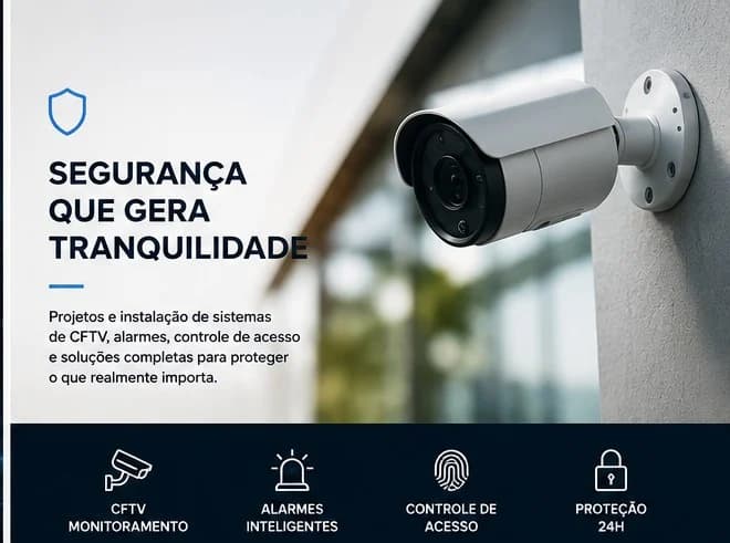 Banner de segurança eletrônica: câmera de CFTV instalada em fachada, com CFTV, alarmes, controle de acesso e proteção 24h